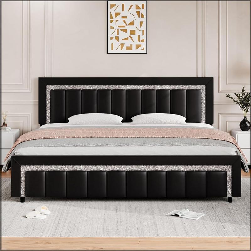 HOMBCK Bed Frame, No Mattress, Velvet Upholstered, Diamond Headboard, Vertical Channel Tufted Headboard, No Box Spring Needed, Easy Assembly