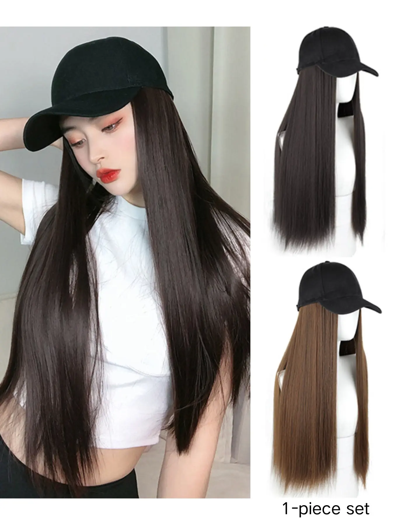 Women's Long Straight Hair Baseball Cap Wig Set, Synthetic Fiber Hat & Fake Hair Combo, Fashionable Spring Summer Full Head Cover, Synthetic Material High Quality Wigs
