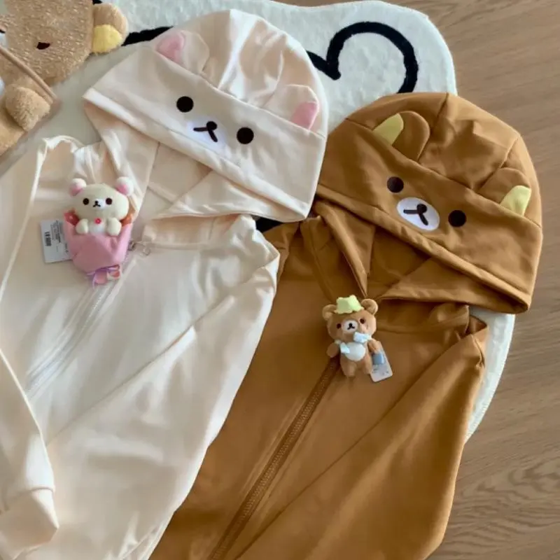 Rilakkuma Series Zip-Up Front Hooded Jacket - Cute Casual Long-Sleeve Outerwear for Women, Couple-Style Women's Clothing