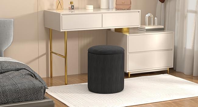 Round Ottoman Vanity Stool with Storage Set of 2, Beige Velvet Round Ottoman with Storage, Multifunctional Round Storage Ottoman Foot Rest, Storage Ottoman Round with Storage for Living Room