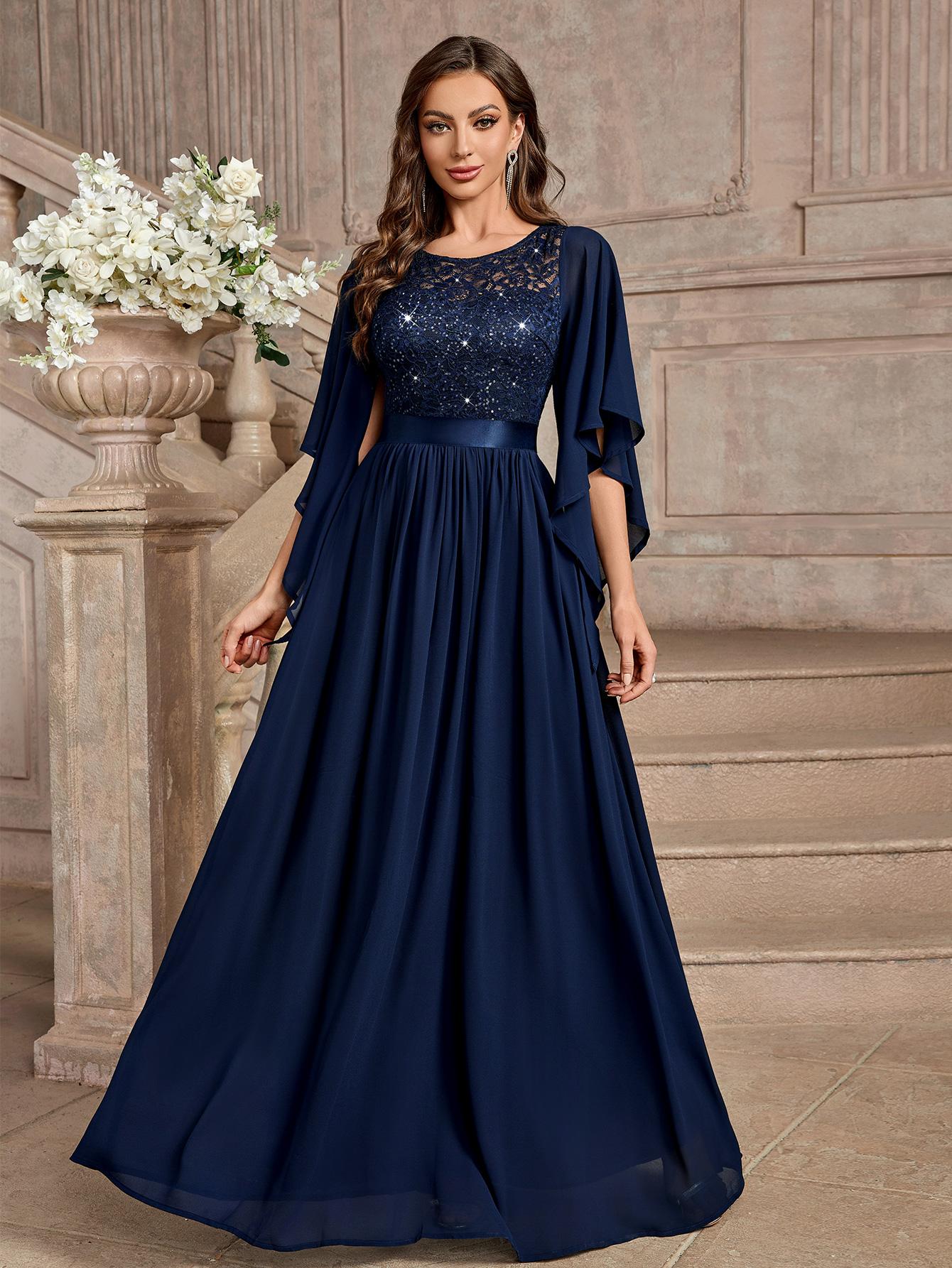 Miusol P83099 Plus Size Women's Sequin Floral Lace Chiffon Flare Sleeve Formal Dress Elegant Evening Gown All Seasons Party dress,Evening dress Normal Type  Womenswear Maxi Dress SpringStatements