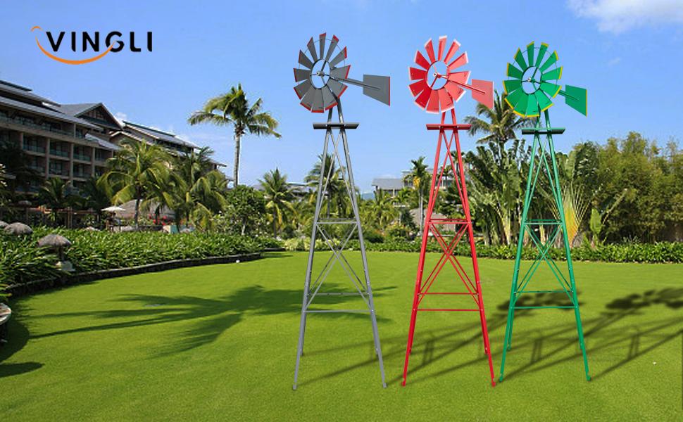 VINGLI 8FT Ornamental Windmill Backyard Garden Decoration Weather Vane, Heavy Duty Metal Wind Mill w/ 4 Legs Design, Grey