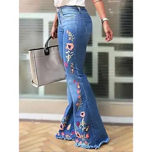 【Plus Size】Floral Embroidery Flare Leg Stretchy Jeans, Fashion Casual Bell Bottom Trousers for Daily Outdoor Wear, Women Plus Clothing for All Seasons（gift）