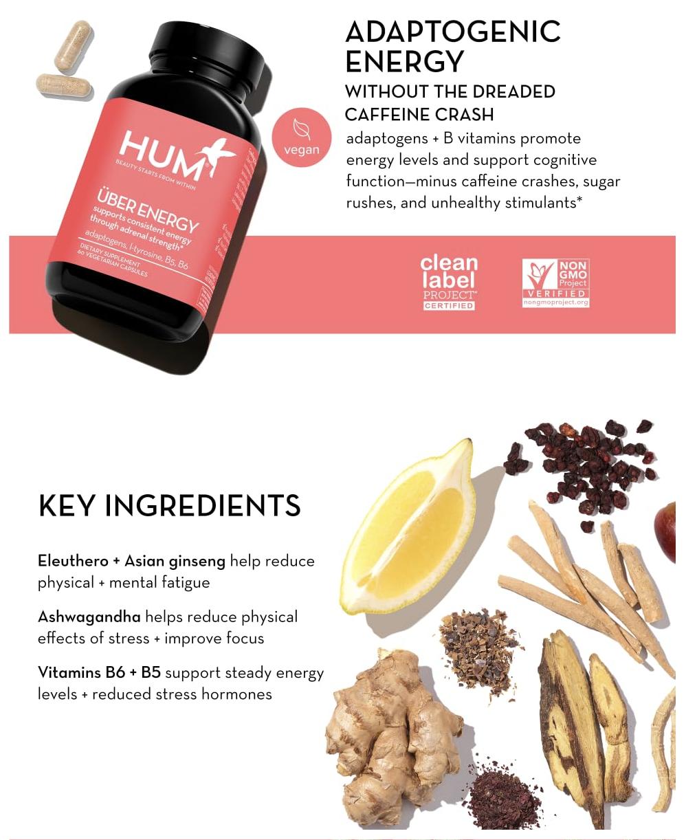 HUM Uber Energy - Adrenal Support and Energy Supplement with Ashwagandha Root and B Vitamins, Designed to Relieve Stress and Adrenal Fatigue (60 Count) HUM Uber Energy - Adrenal Support and Energy Supplement with Ashwagandha Root and B Vitamins, Designed to Relieve Stress and Adrenal Fatigue (60 Count)