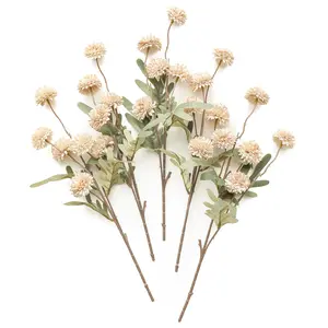 5pcs Beige Faux Silk Pompon Mum Artificial Flowers, Bulk Fake Mini Chrysanthemums with Stems for DIY Bouquet Centerpieces Wedding Fillers Champagne Arrangements Shower Decorations (Beige)
