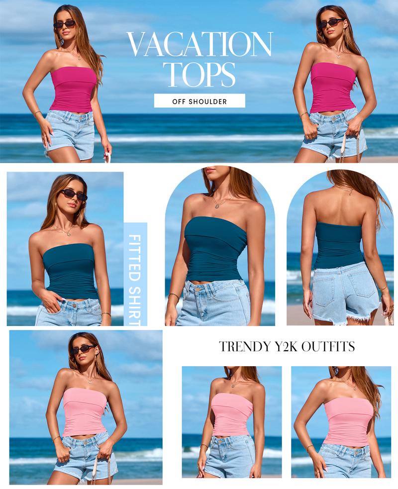 BTFBM Womens Strapless Tube Tops Summer Spring Clothes 2026 Trendy Casual Ruched Stretchy Going Out Bodycon Bandeau Top