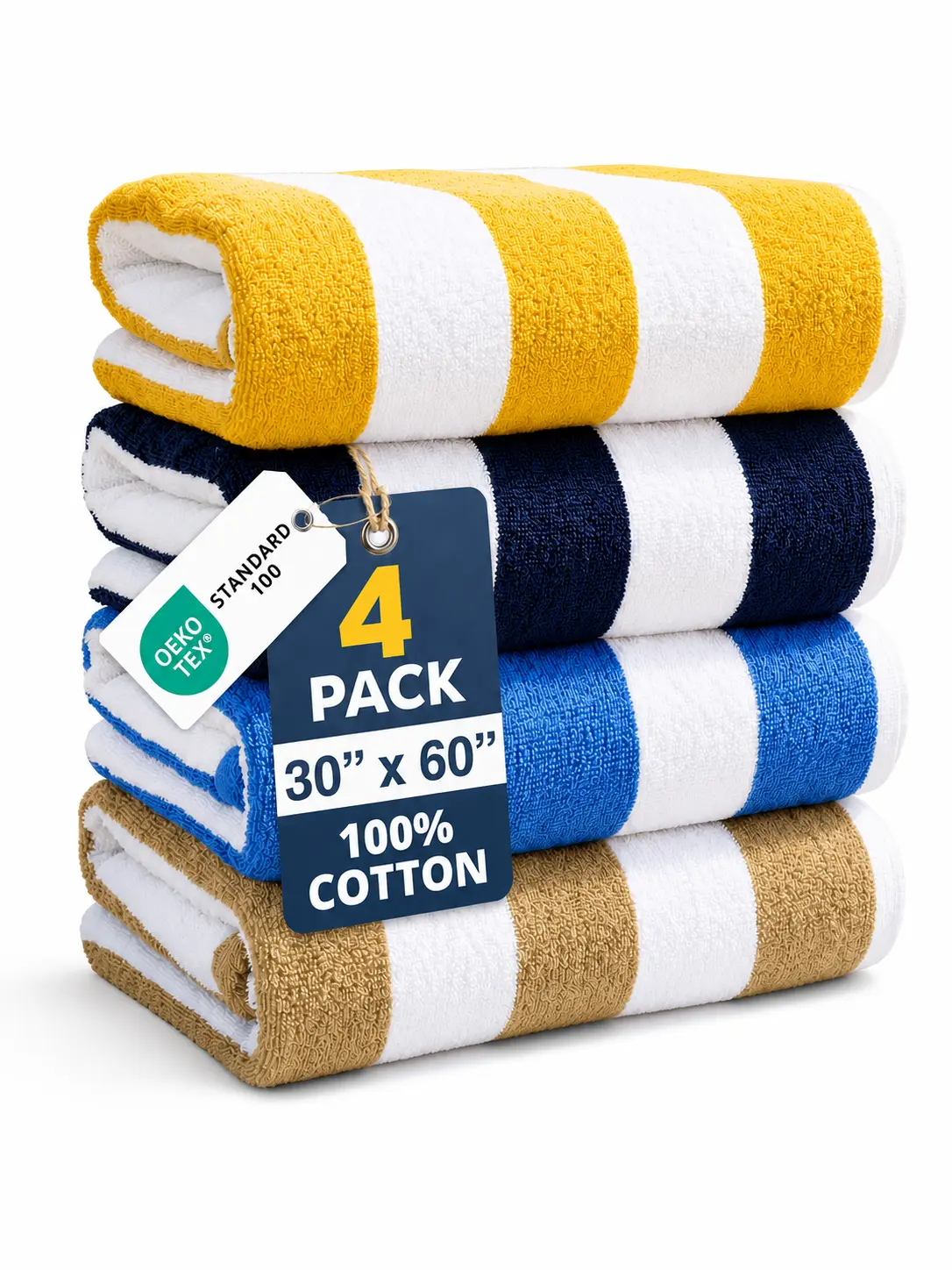 LANE LINEN Unisex Oversized 100% Cotton Pool/Beach Towels (4-Pack, 6-Pack Bulk) - 520 GSM, 30"x60", Quick-Dry, Water Absorbent, Low Lint, Lightweight, Thick, Breathable, Double-Stitched Hems, Durable & Easy Care, Cabana Stripe Towels for Adults, Beach Hav