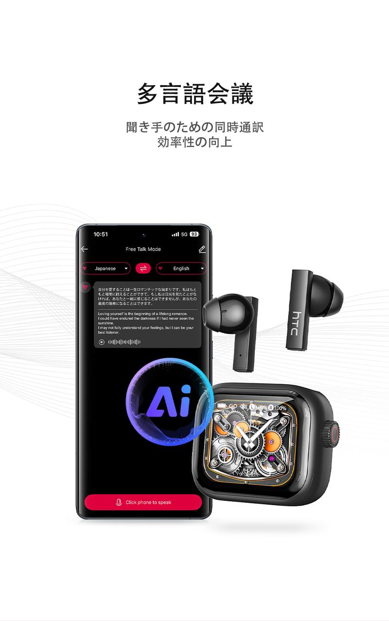 HTC NE40 Wireless Bluetooth Headset, 134 Language Translation, LED Display, Waterproof In-Ear, App Support