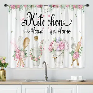 2pcs Polyester Country Floral Kitchen Curtain,Farmhouse Plant Watercolor Flower and Wood Board Farm Natural Rod Home Decoration for Kitchen, Cafe, Office, Living Room, Bedroom, Dining Room