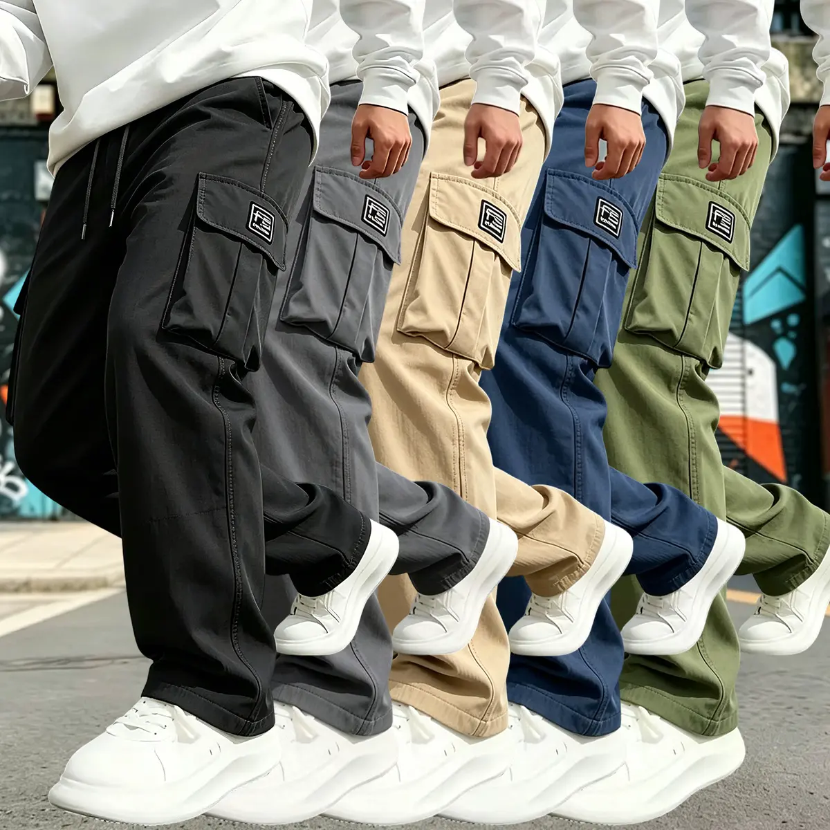 Men’s 5-piece tactical cargo pants set with elastic waistband and multiple pockets, suitable for spring and summer, ideal for outdoor activities, long pants, menswear