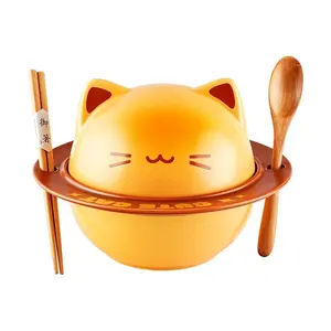 Kawashima Cat Planet Ramen Bowl Set - 800ml Ceramic Noodle Bowl with Lid, Chopsticks & Spoon - Perfect for Single Servings & Gift Box