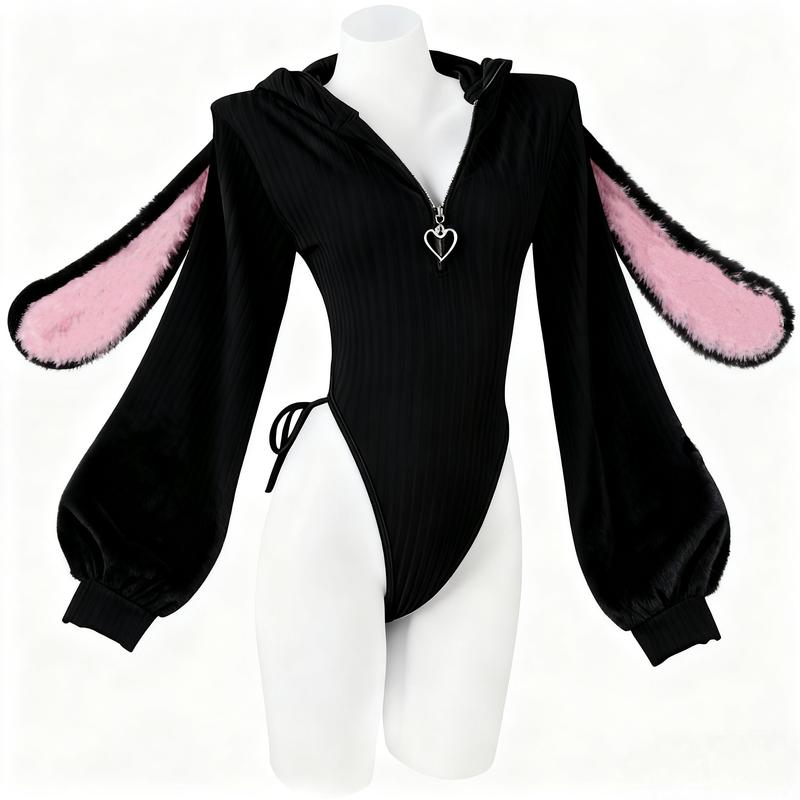 Cute Cosplay Sexy Bunny Outfit Cosplay lingerie for Anime women Costumes,Christmas with Fuzzy Ears & Bodysuit Knitted Rabbit Piece Long Sleeve Jumpsuit Style Soft