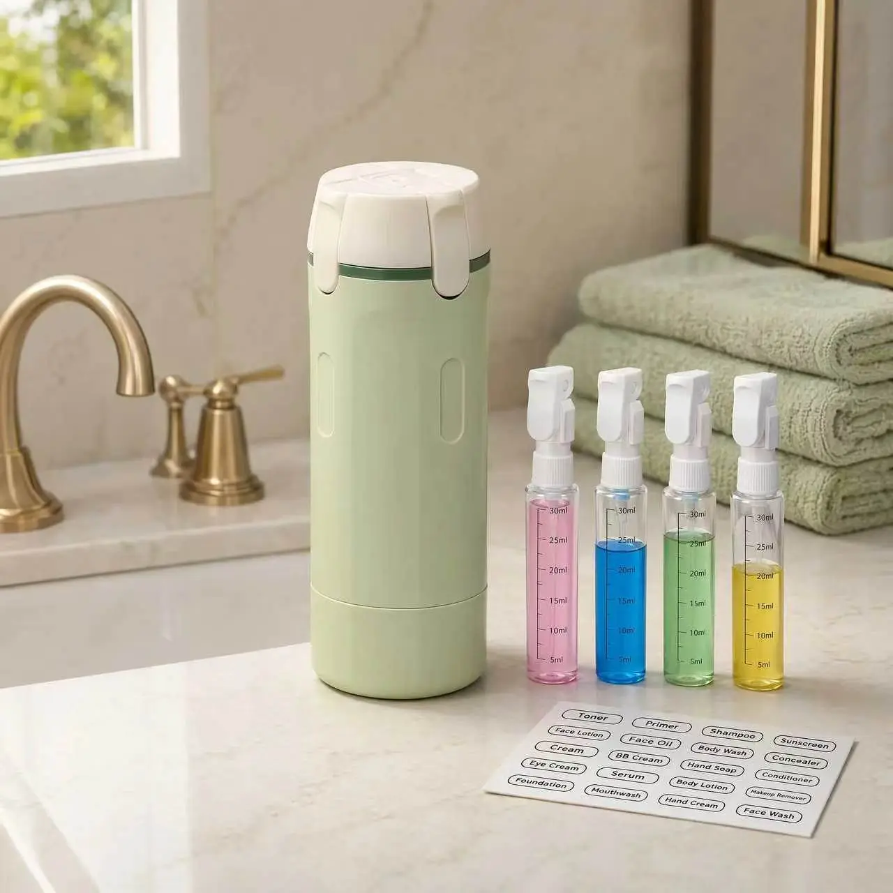 love gifts.4-in-1 Travel Bottle Set with DIY Labels, Refillable Squeeze Dispenser Bottles for Shampoo Conditioner Lotion Soap, Portable Leak Resistant Container for Bathroom Organization, Travel Essentials Gift for Couples Family