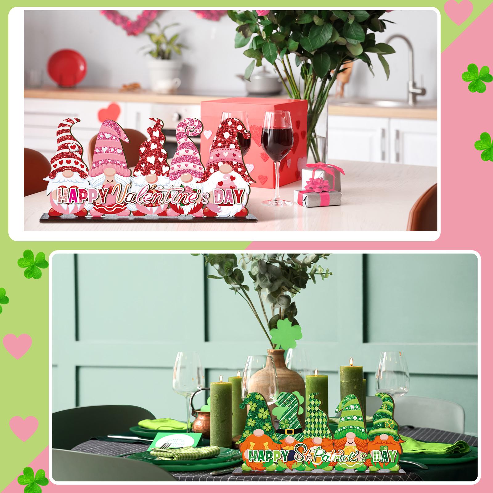 Valentine's Day & St. Patrick's Day Decorations, Reversible Gnome Wooden Table Sign, Love & Luck Double Sided Valentines St. Paddys Day Theme Wooden Standing Blocks Desk Decor Irish Farmhouse Style Centerpiece for Home Office Dinng Table Shelf Tiered Tray