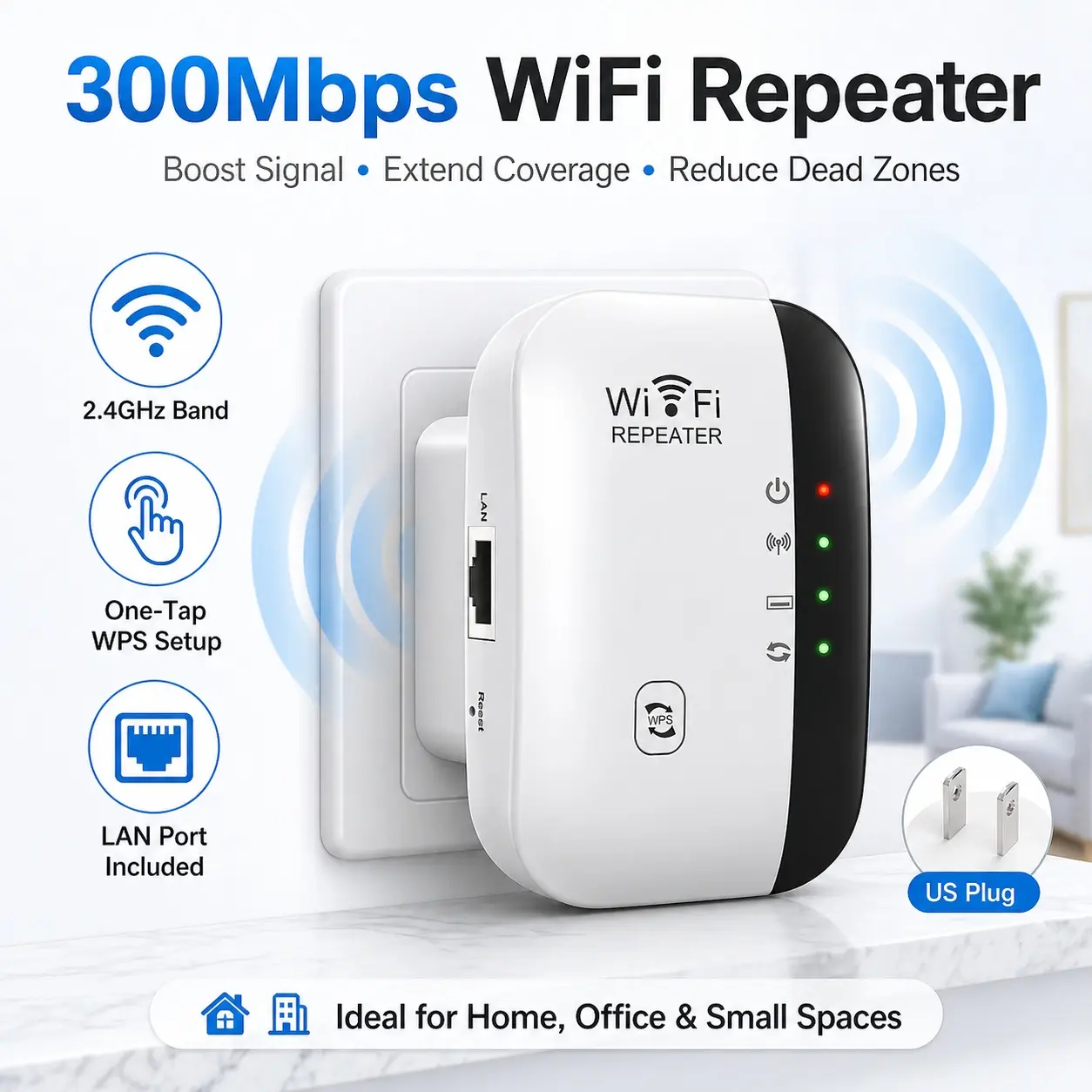 300Mbps WiFi Booster and Signal Amplifier, Wireless Internet Repeater for Home/Office, Long-Range Device to Extend Coverage and Reduce Dead Zones
