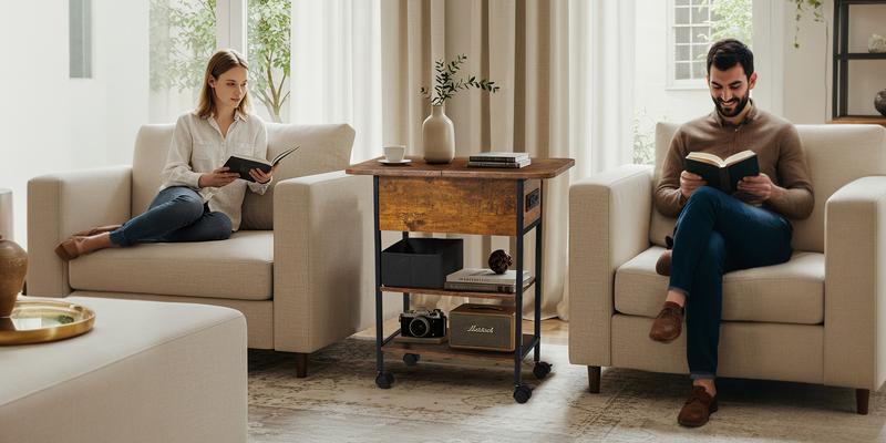 EROMMY Multi-Functional Flip Side Table w/USB Charging Station, 360° Swivel Wheels & Storage Shelf | Space-Saving Slim Design for Living Room/Bedroom | Rustic Brown Wood End Table
