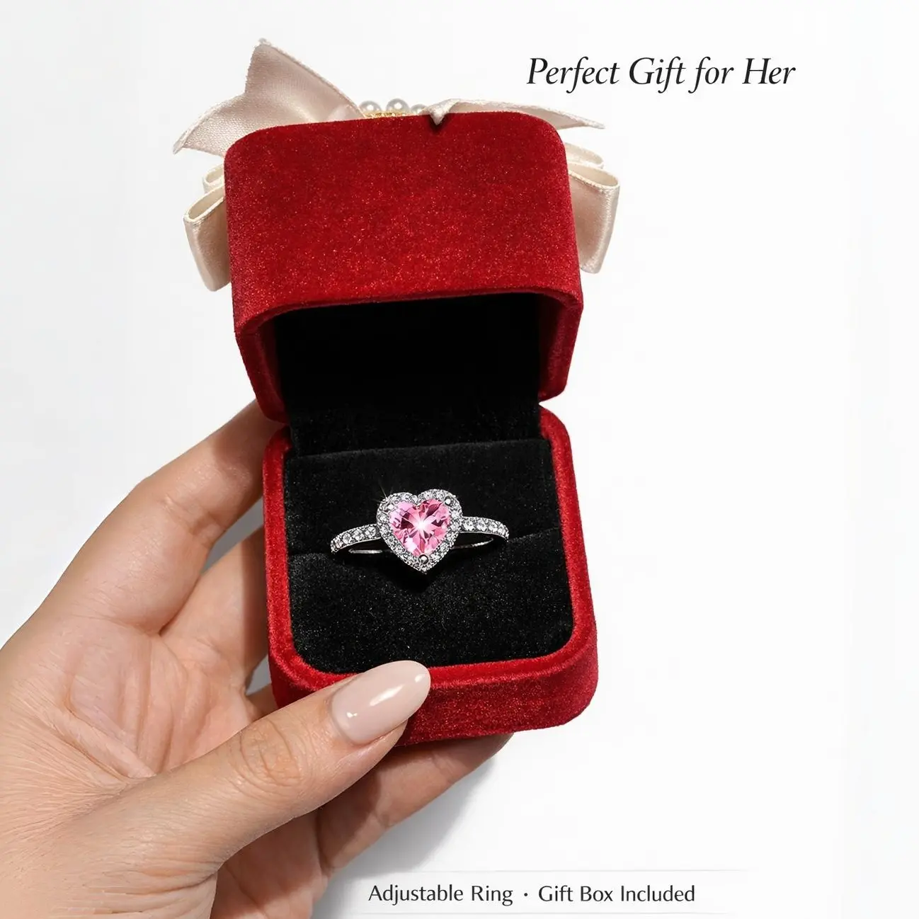 Adjustable Promise Ring with Velvet Heart Ring Box - Elegant Jewelry Romantic Gift Set for Girlfriend, Valentines Day Meaningful Gifts for Special Occasions, Gifts For Girlfriend
