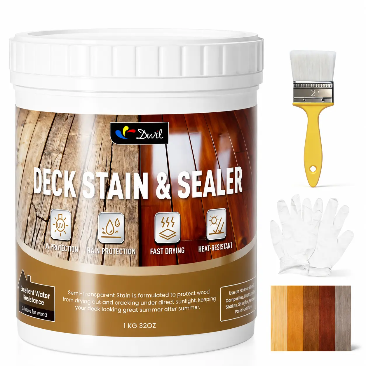 Water-Based Semi-Transparent Wood Stain & Sealer Combo, Fast-Drying Low-Odor Outdoor Formula for Decks, Fences, Furniture & Wood Projects - 32oz