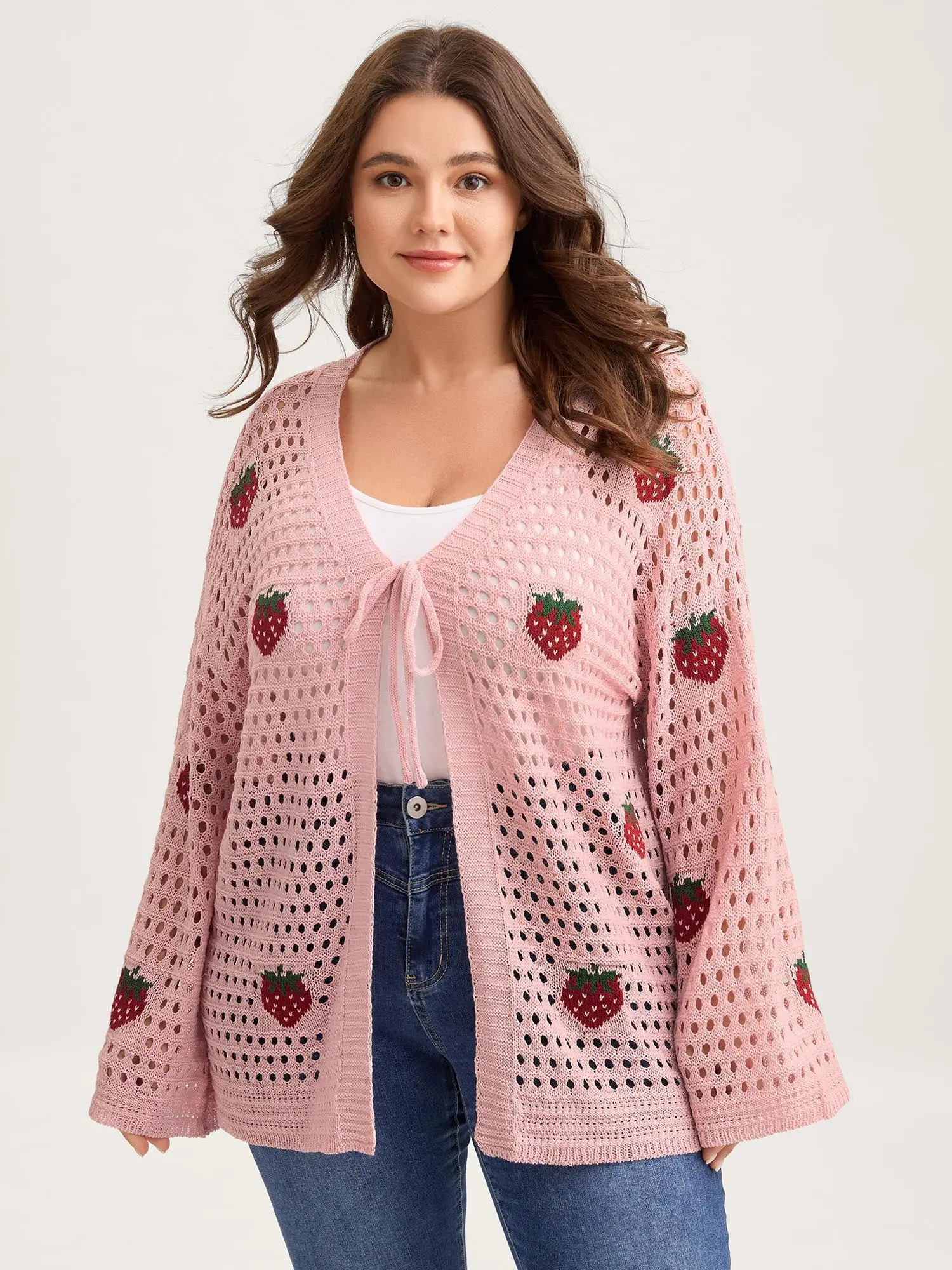 BloomChic Women's Blush Pink Knit Cardigan, V-neck, Strawberry Jacquard Embroidery Print, Bell Sleeves, Acrylic Long-Sleeve, Tie-Belt Adjustable Fit, Casual Statement Top, Fall & Spring Knitwear, Bell Sleeve Swimweek,summerwins Belt Longsleeves