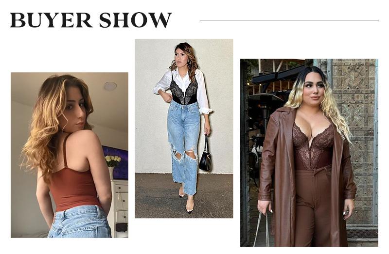 Popilush Fit Shapewear Bodysuit  Deep-V Neck Lace Bodysuits Basic Womenswear Tops Or Leather Skirts Underwear Sleeveless Long Sleeve Bodysuit Buckle Breathable Smooth