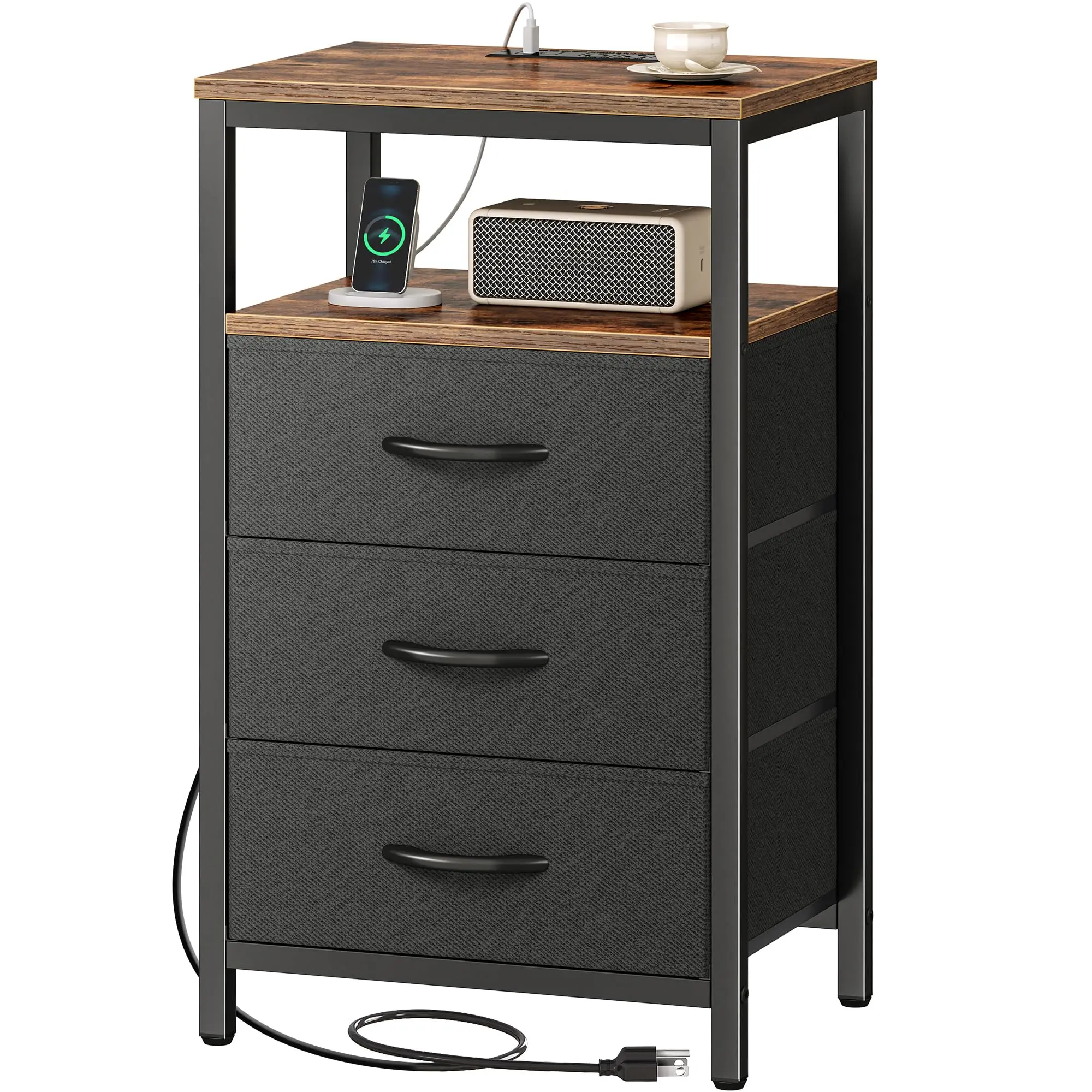 27.6-Inch Rustic Brown & Black Charging Station Bedside Table, Nightstand with USB Ports, Outlets, Fabric Drawers, Modern Indoor End Table for Bedroom, Sofa Side Use, Charging Station Bedside Tables