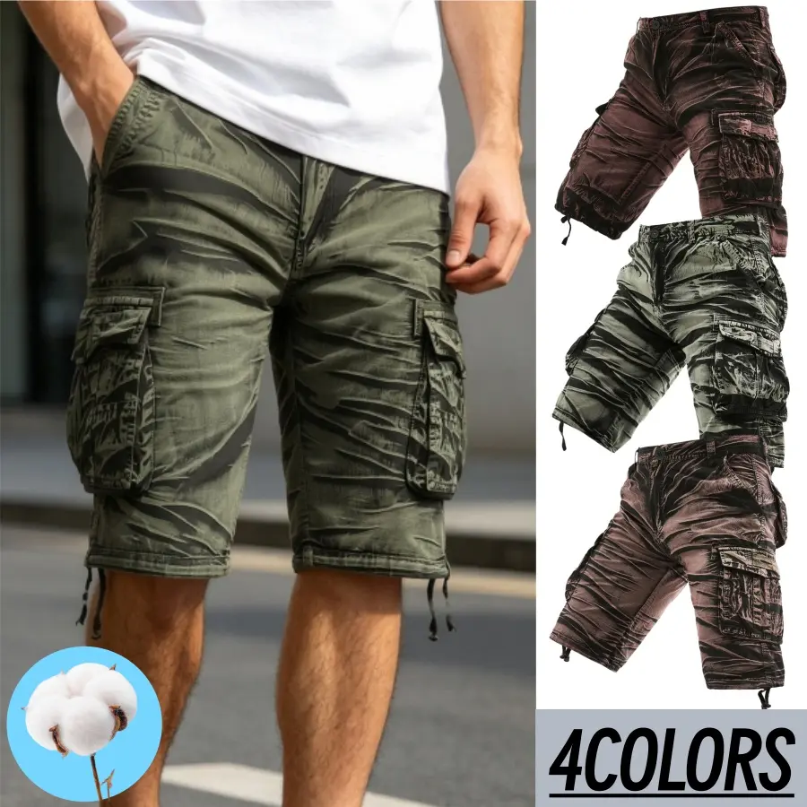 Men's Vintage Tie-dye Cotton Cargo Shorts, Multi-Pocket Below Knee Tactical Shorts, Breathable Outdoor Casual Summer Shorts For Men, 4 Colors Available