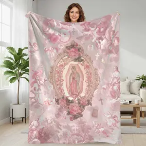 Virgin Mary Floral Angelic Pattern Flannel Blanket  Pink Rose Heaven Inspired Print  Soft Cozy Warm Lightweight Decorative Throw  Perfect for Bedroom Living Room Prayer Space Gift Home Decor