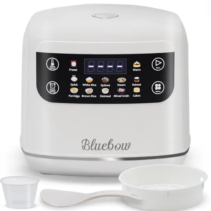 Bluebow Digital Rice Cooker, 6-Cup/2.1QT Small Rice Maker, 10 Presets, 24-Hour Delay Timer & Keep Warm, Non-Stick Inner Pot, White