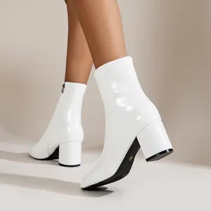 Women'S High Heel Mid-Calf Ankle Boots |   New Style, Side Zipper, Fashionable Chunky Heel, European/American Style, Solid Color, Polyurethane Upper and Insole, Sole