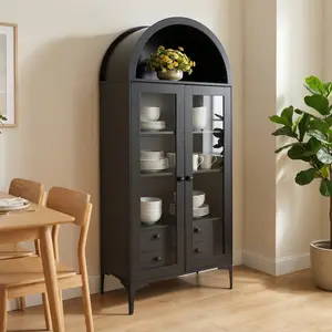 Arched Display Cabinet With Glass Doors, 70-Inch Tall Curio Cabinet, 4-Tier Display Case With 2 Adjustable Shelves, Bookcase And Bookshelf For Collectibles Storage In Living Room, Bedroom Or Home Office