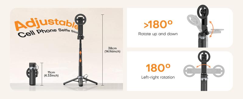 2026 4-in-1 Multifunctional Magnetic mini Selfie Stick with 360° Rotation Compact Stylish Wireless Bluetooth Control Magnetic Phone Holder for Selfies Video Recording Vlogging Compatible with Most Phones - Stabilizer Camera,Maxinum extend to 14.96 inches