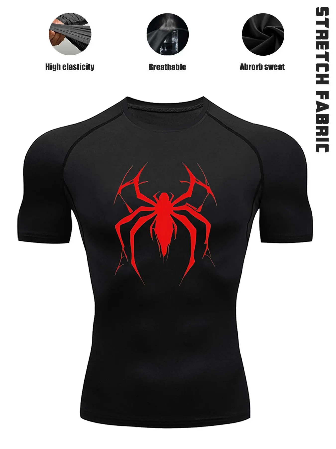 1-Pack Men's Quick Dry Compression T-Shirt with Spider Print, High Stretch Breathable Athletic Base Layer Tee, Moisture Wicking Performance Shirt for Gym, Fitness, Running, Daily Active Wear, Workout Clothes