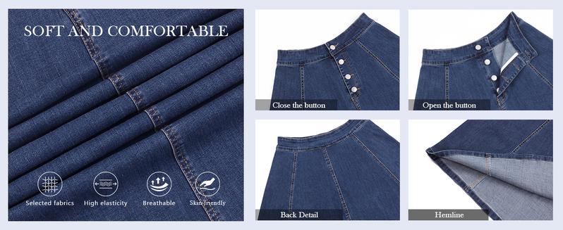 【New Arrival】Ebossy Women's Retro High Waisted Button Fly Flared Long Jean Skirts Pleated Flowy Swing A-line Denim Maxi Skirts