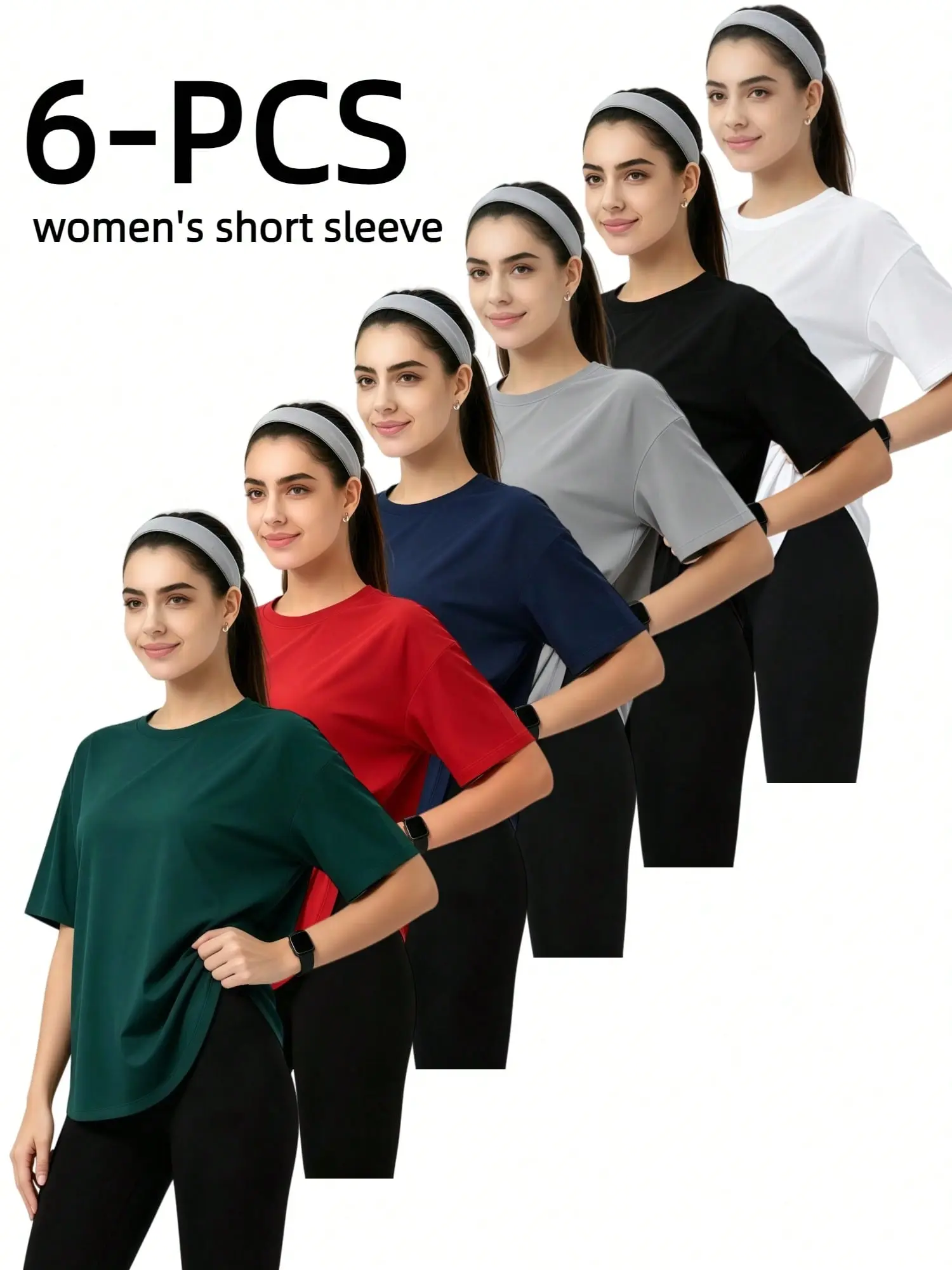 Women's 6-Pack Checkered Crew Neck Short Sleeve Stretch Sports Tees, Breathable Sports Tee, Gym Workout Shirt, Stylish Wear for Women's Fashion Clothes Products