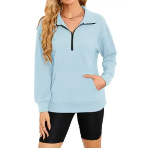 Women's Half Zip Sweatshirt Hoodless Hoodie Stand Collar Fleece Longsleeve Oversized Casual Style Pullover with Kangaroo Pocket Basic Minimalist Tops
