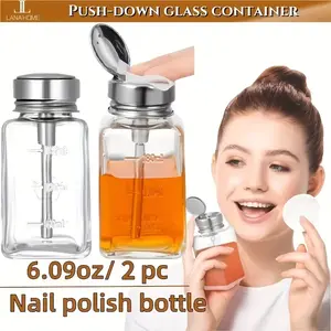 Two 6.09 Oz Transparent Glass Pump Type Dispensing Bottles with Metal Flip Cover, Leak Proof And Portable Design, Glass Nail Polish Remover Push Dispenser Bottles Can Fully Push The Pump Dispenser Pressure Vessel, Used for Cosmetics Remover tiktokshopspri