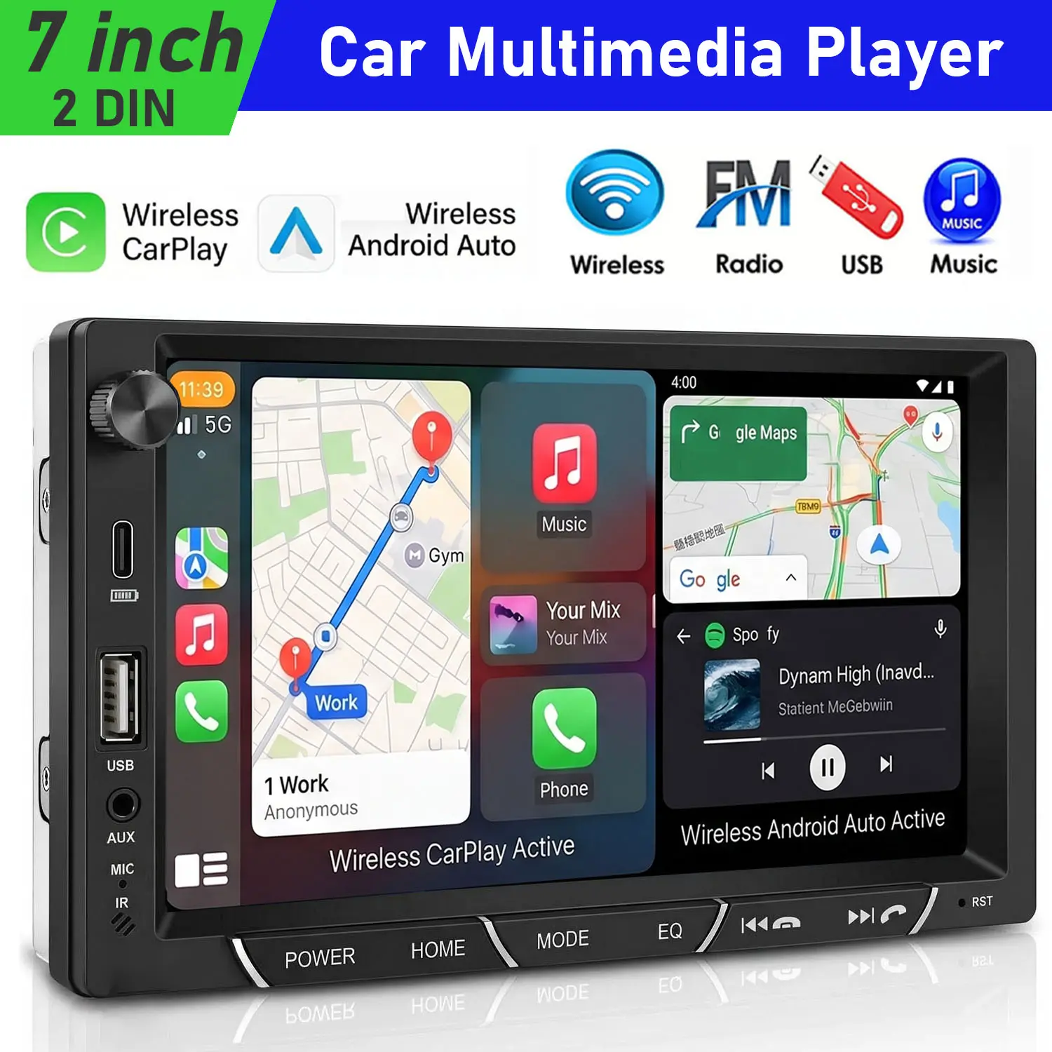 Car Radio Player 7-Inch Double Din Headunit Stereo Receiver with Wired/Wireless Carplay Android Auto, Bluetooth/FM/USB/Type C/AUX Input
