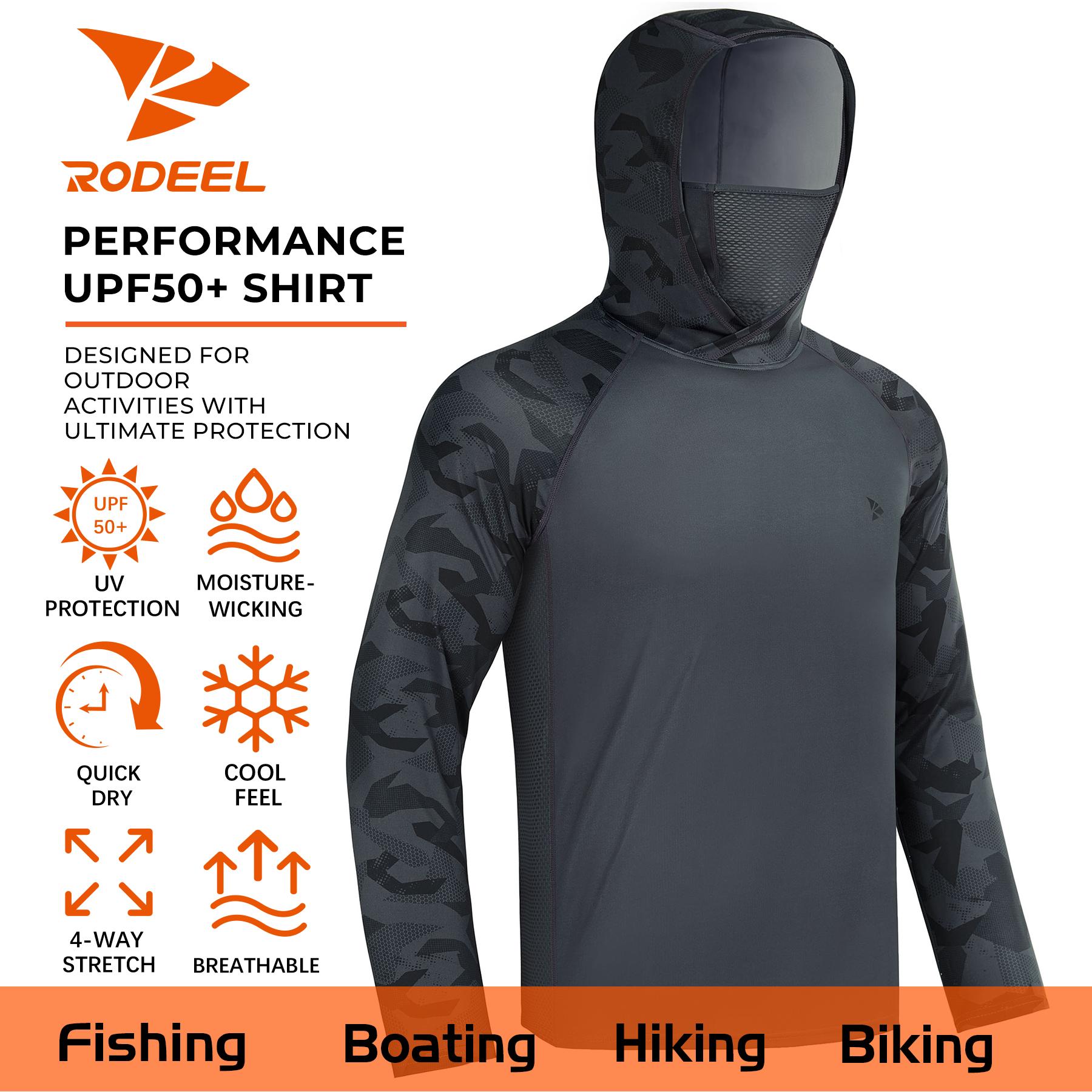 【RODEEL】915 Sun Hoodie Shirts w/ Mask Neck Gaiter Men UPF 50+ UV Protection Long Sleeve Lightweight Quick Dry Moisture Wicking Breathable Cooling Athletic Activewear for Outdoor Fishing Boating Hiking Cycling Construction Roofing Gardening Tree Service