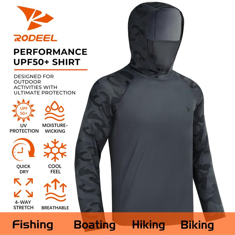 【RODEEL】915 Sun Hoodie Shirts w/ Mask Neck Gaiter Men UPF 50+ UV Protection Long Sleeve Lightweight Quick Dry Moisture Wicking Breathable Cooling Athletic Activewear for Outdoor Fishing Boating Hiking Cycling Construction Roofing Gardening Tree Service