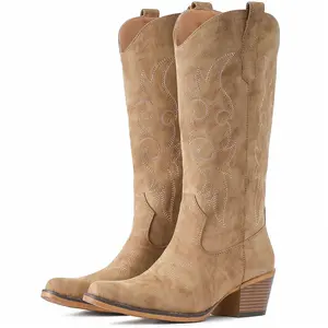 FIORALIE Women's Western Cowboy Boots Mid Calf Snip Toe Chunky Heel Embroidered Design Comfortable Walking Shoes - Footwear, Decor