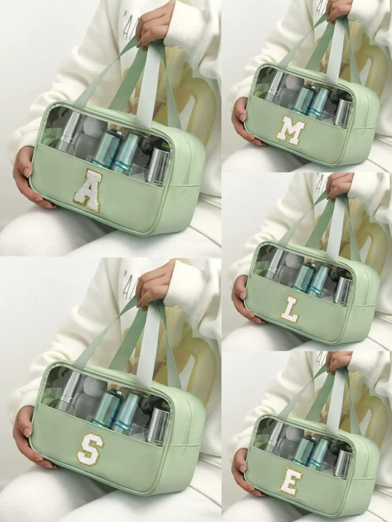 1pc Transparent Letter Cosmetic Bag, Fashionable New Square Solid Color Makeup Bag With Embroidered Letter, PVC Waterproof Portable Chenille Letter Cosmetic Organizer Bag, Minimalist Initial Sticker Travel Toiletry Bag, Women's Bathroom Letter Print Toil