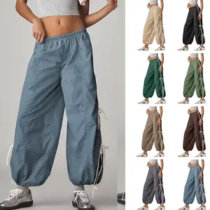 SCUSTY Trendy Side Bow Pants Women's Parachute Cargo Trousers Elastic High Waist Full Twist Hiking Casual Comfy Pocket Bottoms Black Minimalist
