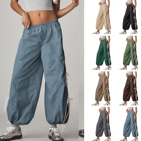 SCUSTY Trendy Side Bow Pants Women's Parachute Cargo Trousers Elastic High Waist Full Twist Hiking Casual Comfy Pocket Bottoms Black Minimalist