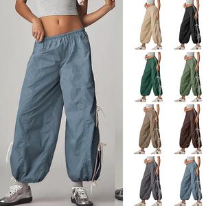 SCUSTY Trendy Side Bow Pants Women's Parachute Cargo Trousers Elastic High Waist Full Twist Hiking Casual Comfy Pocket Bottoms Black Minimalist