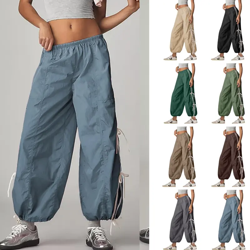 SCUSTY Trendy Side Bow Pants Women's Parachute Cargo Trousers Elastic High Waist Full Twist Hiking Casual Comfy Pocket Bottoms Black Minimalist