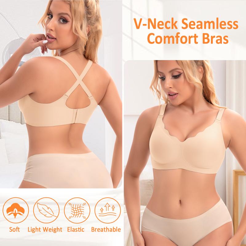 Werena Bras for Women No Underwire V Neck Seamless Wireless Bra Buttery Soft Bralettes Full Coverage Everyday Bra with Adjustable Straps & Extra Extender