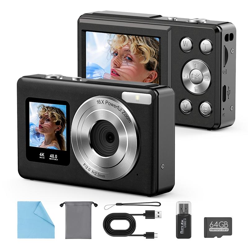 【Valentine's Day gift】HOTU Dual Screen Selfie Camera 4K Mini Y2K Pocket Camera 18X Digital Zoom Rear & Front Lens Rechargeable Type-C Fast Charging Easy Button Control Built-in Filters 64G Card Included Pink Memory Gadget for Kids Teens & Vlogging