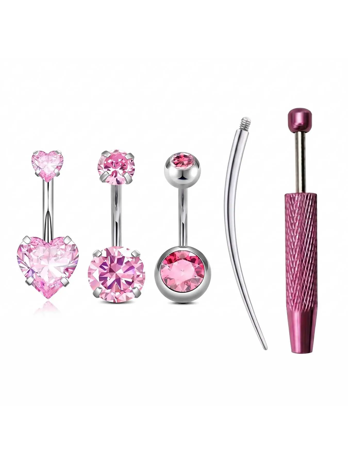 5pcs /Set Belly Rings with Crystal Embedded Design, Stainless Steel Hypoallergenic Piercing Kit, Includes Thread Guide & Jewelry Grabber