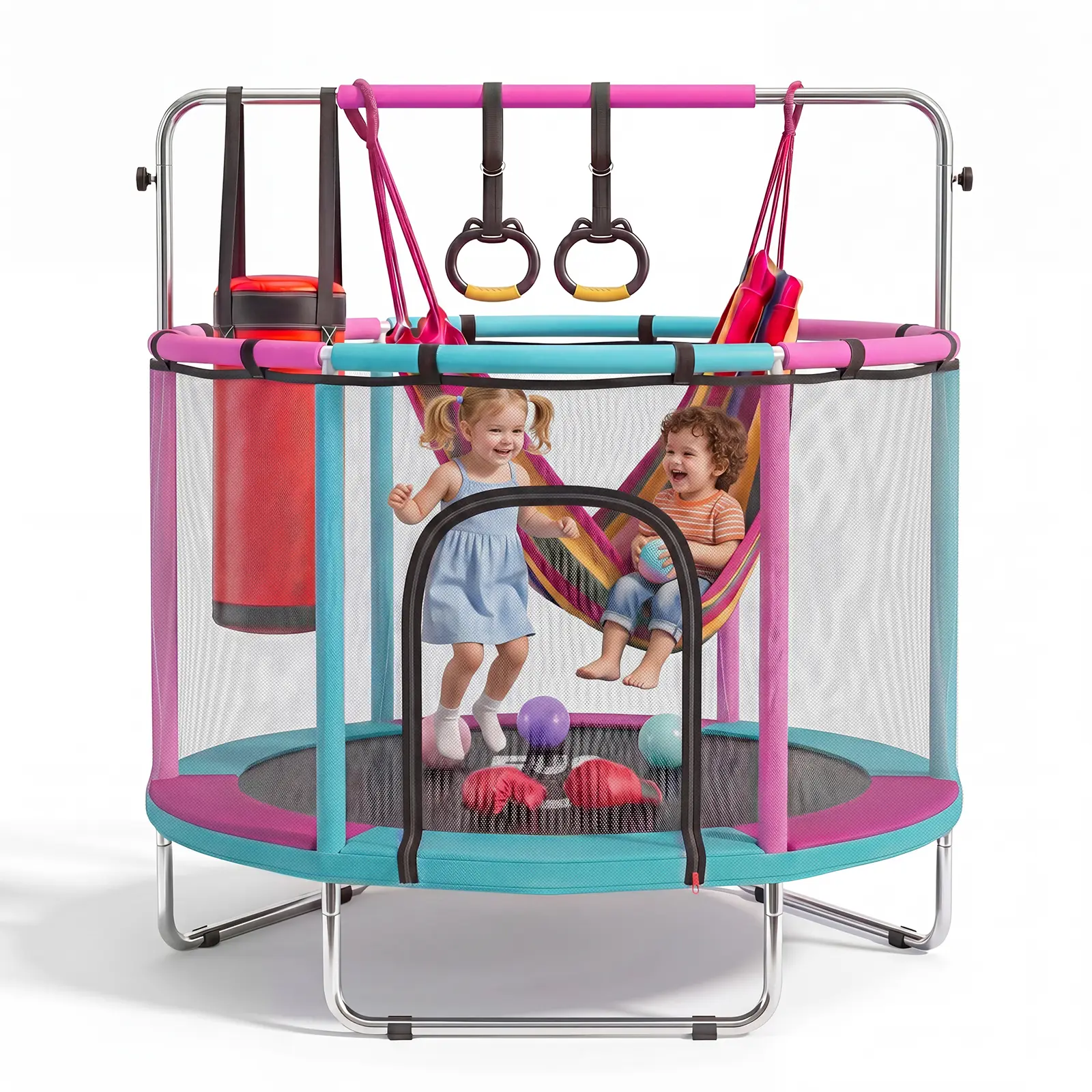 FUNSEEK 55" Kids Trampoline with Enclosure, Indoor & Outdoor Toddler Trampoline with Basketball Hoop, Adjustable Gymnastics Bar & Toys, Easy Assembly, Active Play for Boys & Girls, 132 LBS Capacity