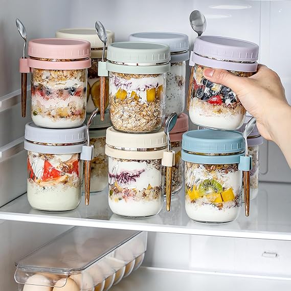 BASIC SUPPLY 6 Pack Overnight Oats Containers with Lids and Spoons, 16 oz Glass Mason Overnight Oats Jars, Large Capacity Airtight Jars for Milk, Cereal, Fruit